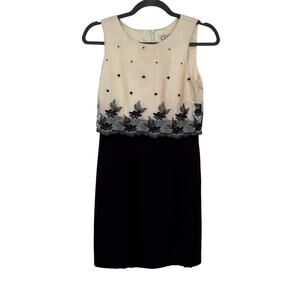 CDC Petites Formal Cream Black Embroidered Netted Sheer Overlay Shift Dress 2
